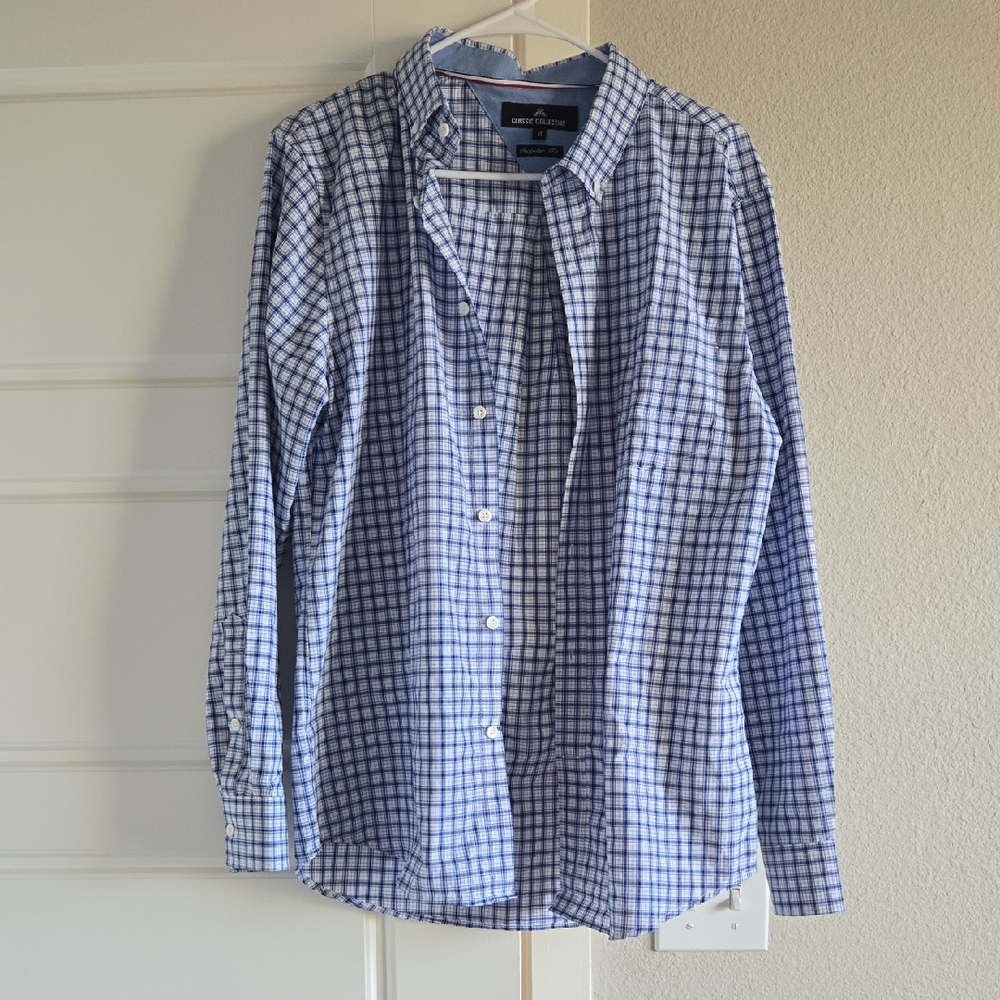 Blue and White Plaid Button Down Shirt